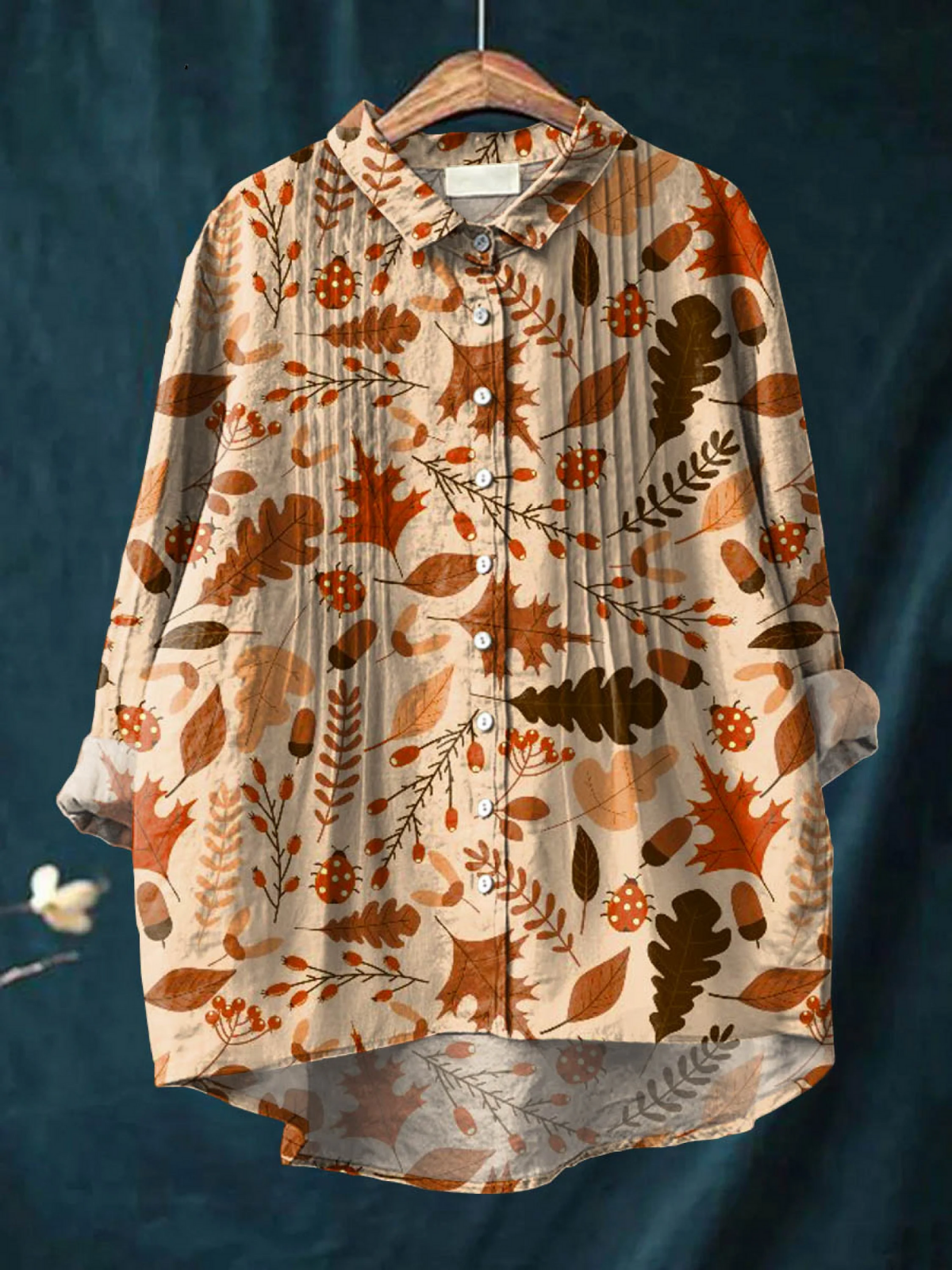 Chemisier à volants en coton et lin avec imprimé artistique de feuilles d'automne vintage pour femmes