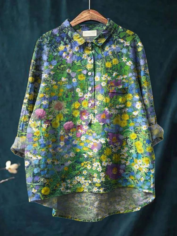 Chemise en Lin Vintage Florale pour Femmes