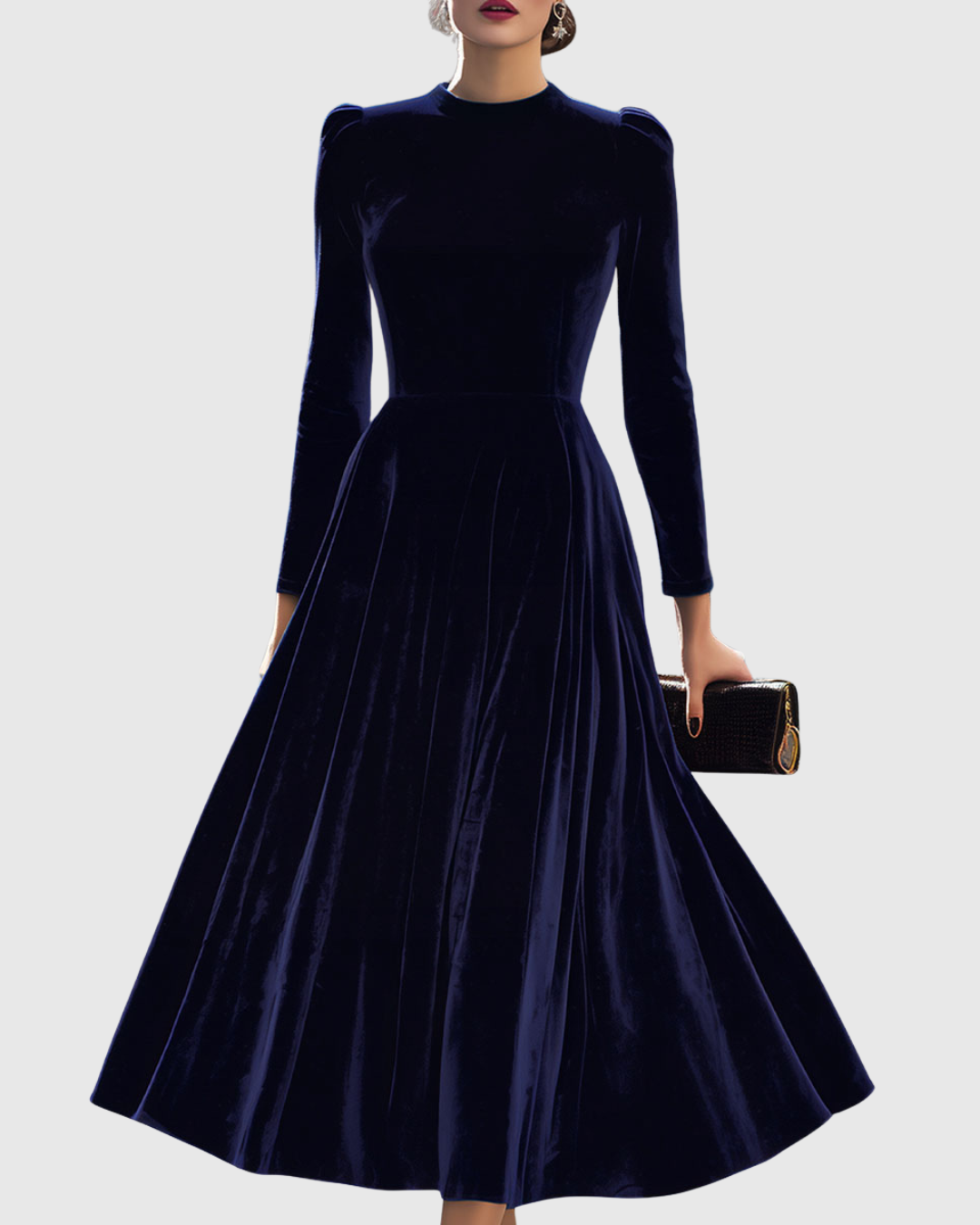 Liora™ | Robe Midi Bleu Marine à Manches Longues
