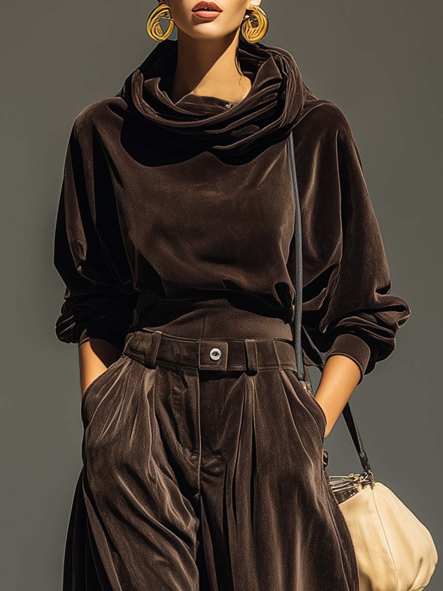 Ensemble de hoodie en velours brun vintage et pantalon ample (comprend une ceinture)