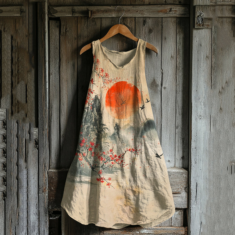 Robe Débardeur en Lin Art Vintage de Paysage Japonais avec Oiseaux et Fleurs de Cerisier