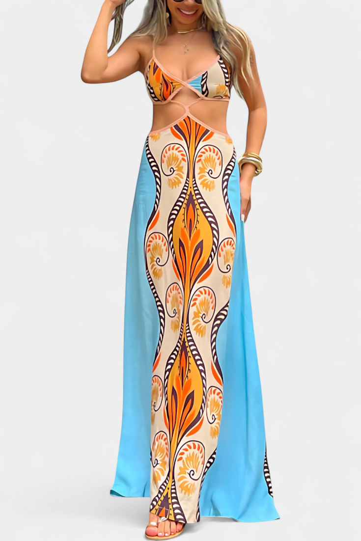 Sytella Cut-Out Dress with Abstract Print and Open Back