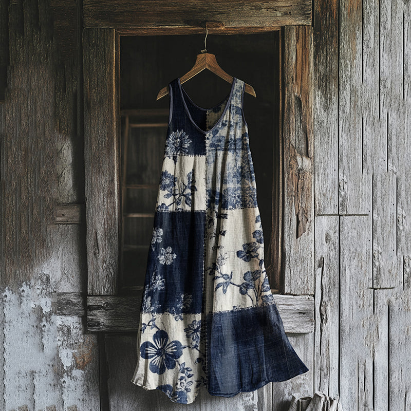 Women's Vintage Floral Geometry Art Linen Tank Dress