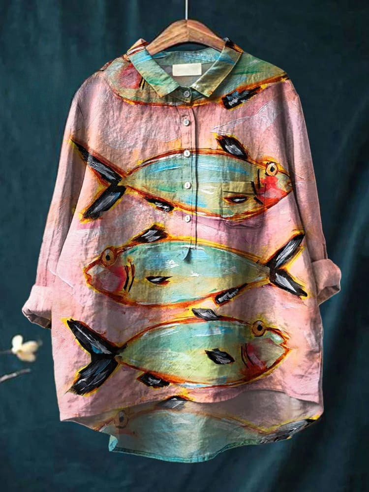Chemise en Lin Décontractée Vintage Art Poisson pour Femmes