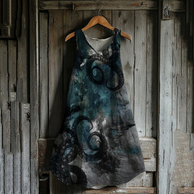 Robe Débardeur en Lin avec Art en Dégradé de Poulpe Japonais