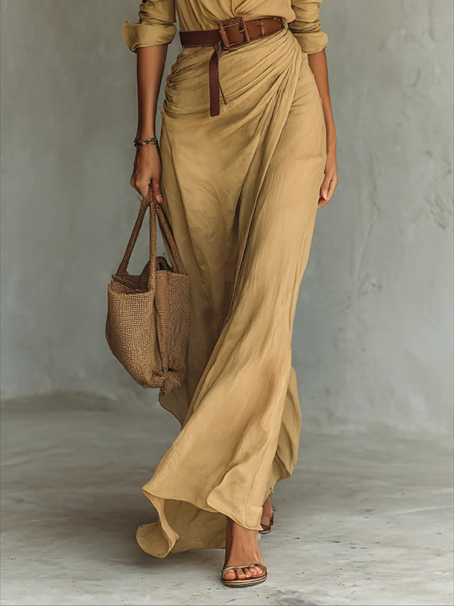 Long dress with belt, long sleeves, and lapels