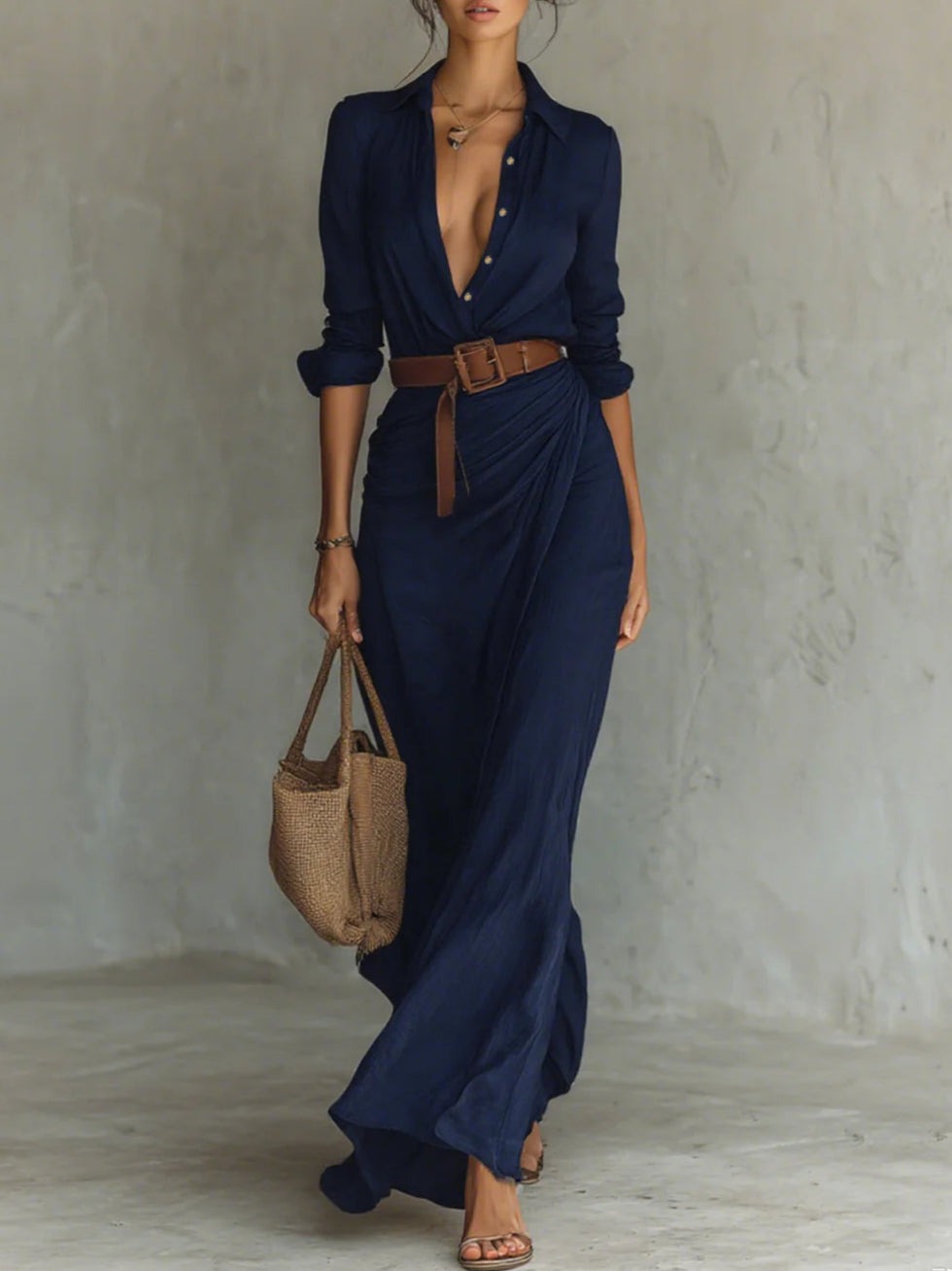 Robe longue avec ceinture, manches longues et revers
