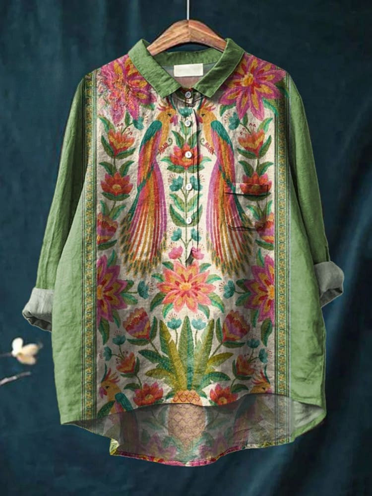 Chemise décontractée en lin avec imprimé artistique de fleurs et d'oiseaux vintage pour femmes
