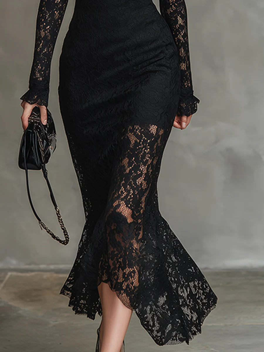 Robe Maxi Élegante en Dentelle Noire Élastique