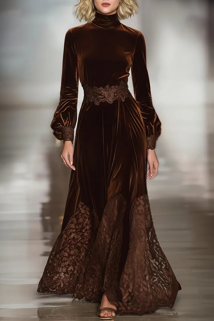 Robe Maxi en Velours avec Détails en Dentelle et Manches Bouffantes
