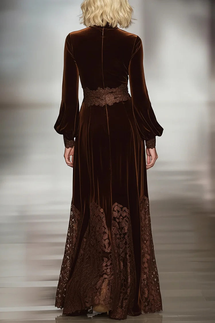 Robe Maxi en Velours avec Détails en Dentelle et Manches Bouffantes