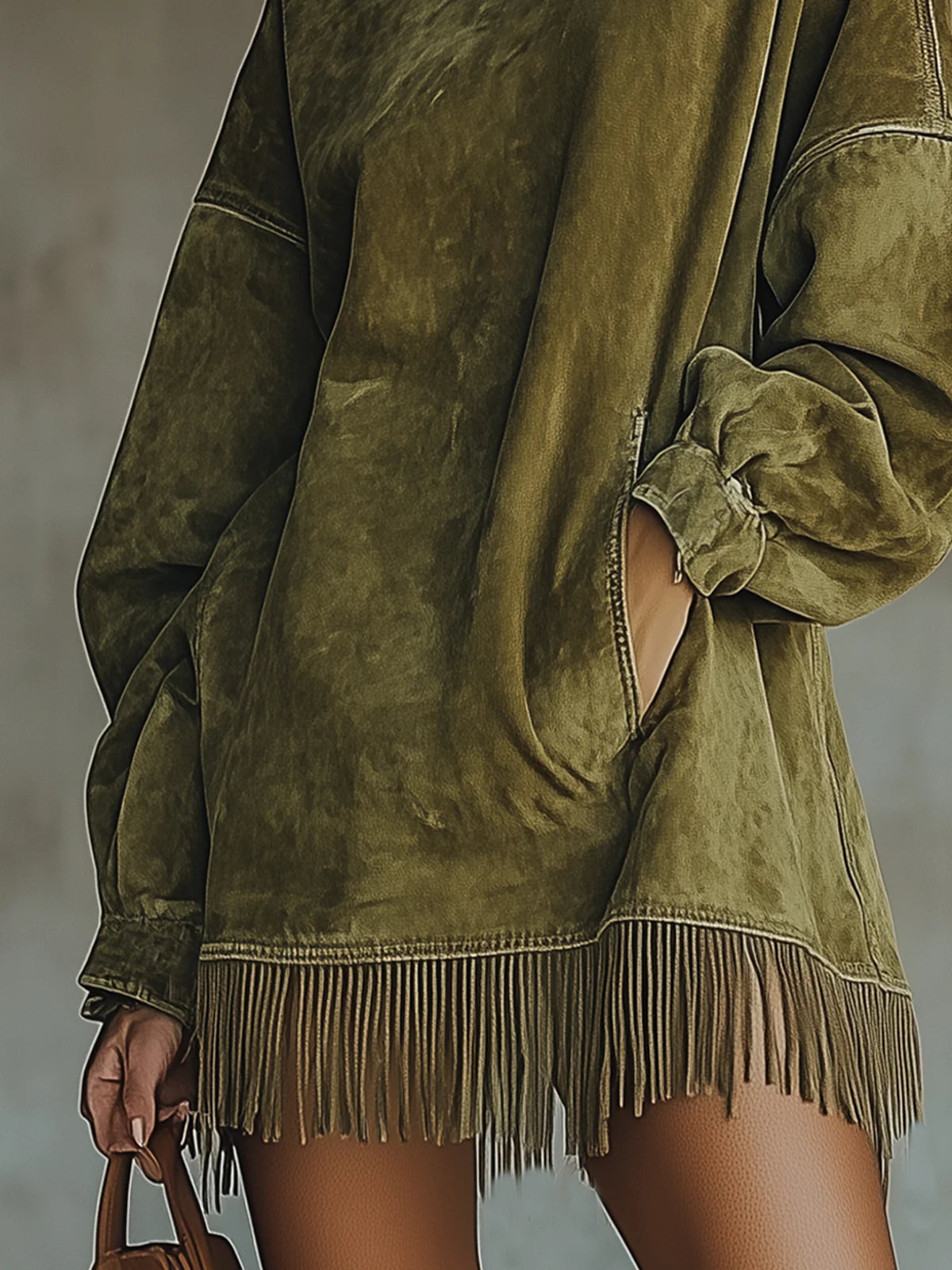 Darcie | Robe en Suède avec Franges et Col Roulé