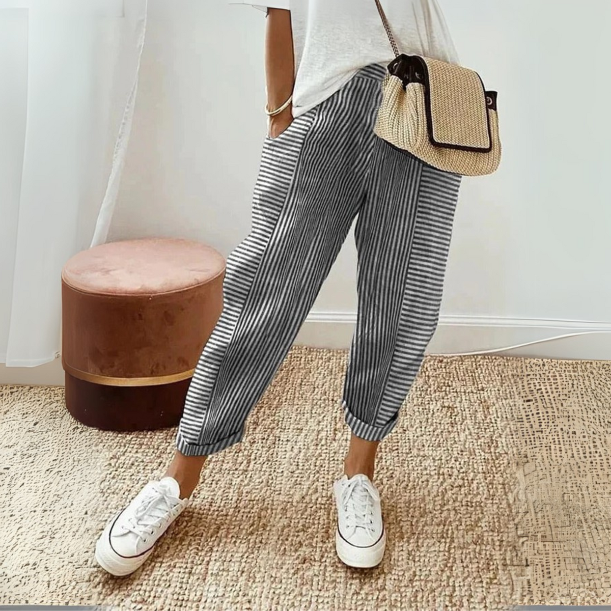 Celia - Pantalon en Coton Rayé Classique