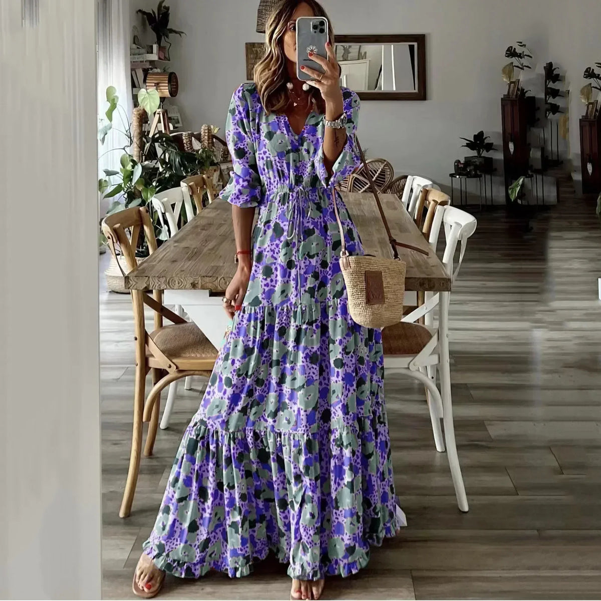 Liora | V-Neck Printed Swing Maxi Dress