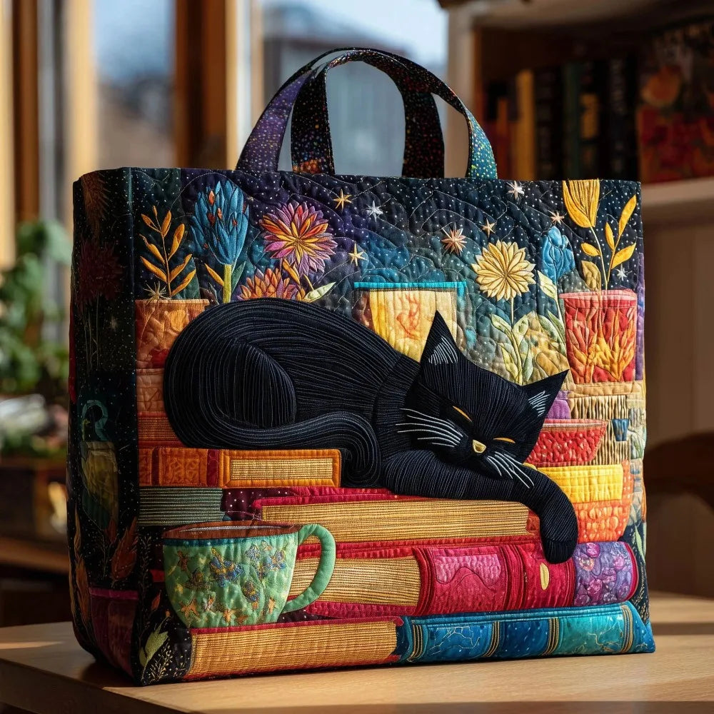 Sac Artisanal Matelassé - Chat Noir sur Livres Colorés