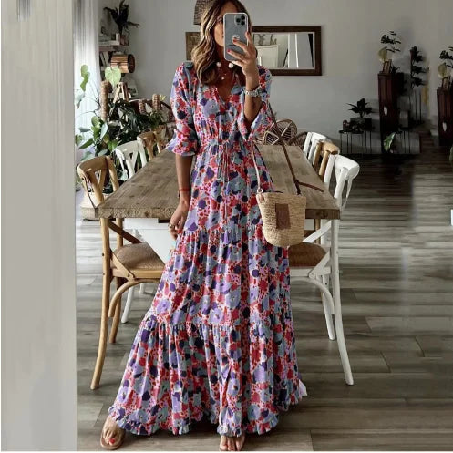 Liora | V-Neck Printed Swing Maxi Dress