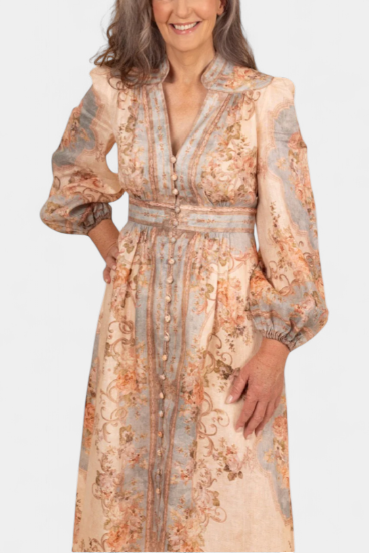 Robe Maxi Évasée Dorotila avec Imprimé Floral, Boutons et Manches Ballon