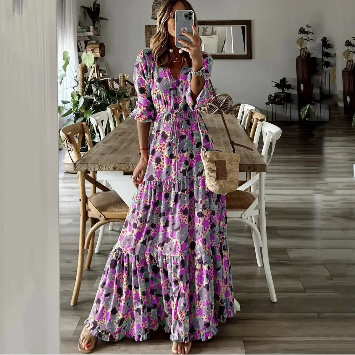 Liora | V-Neck Printed Swing Maxi Dress