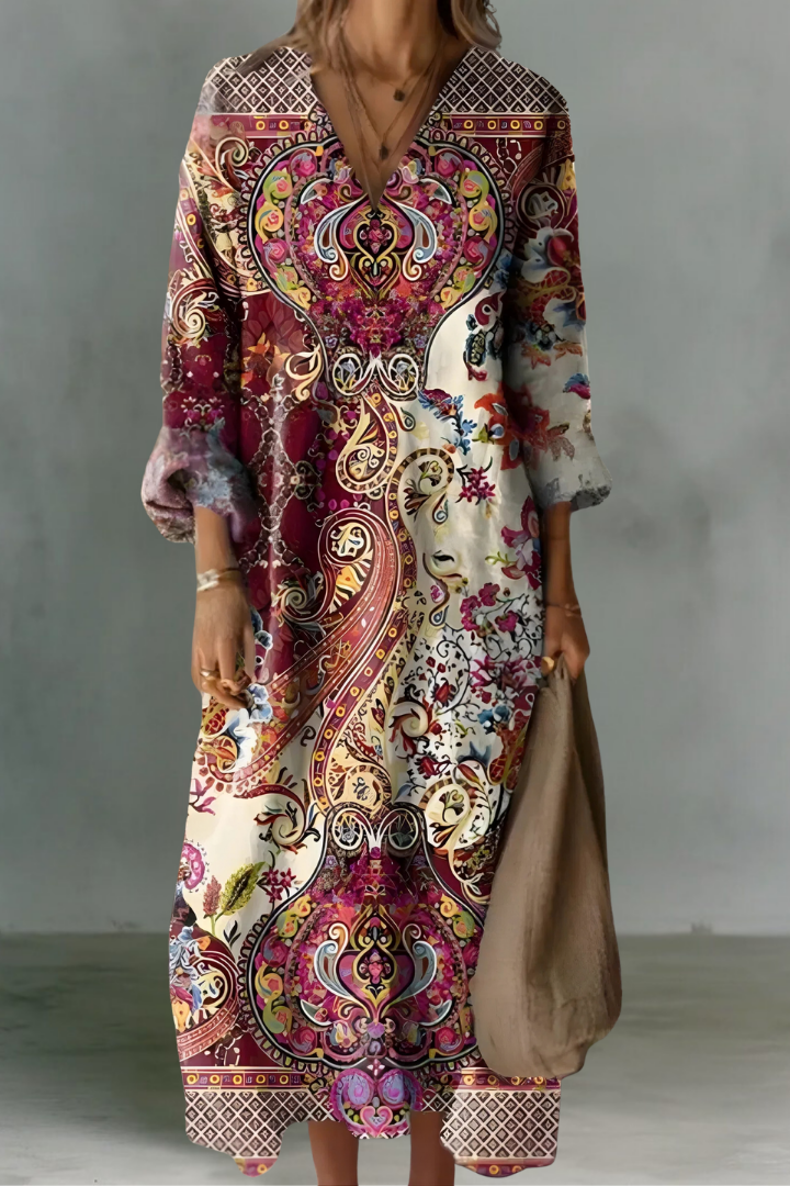 Robe en Lin Irlandaise à Col V et Manches Longues