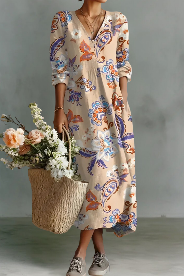 Brittany | Linen V-Neck Long Sleeve Dress