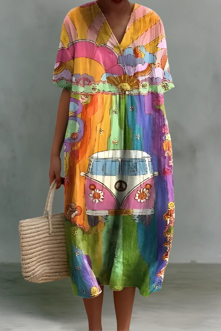 Sofia | Linen V-Neck Midi Dress