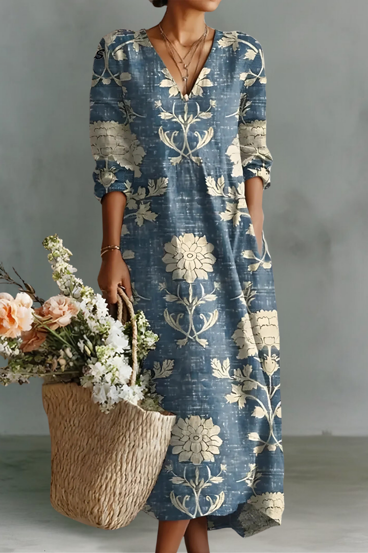 Lauren | Robe Longue à Manches Longues en Lin avec Décolleté en V