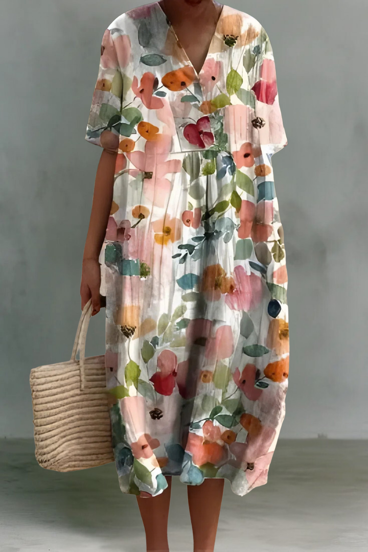 Loraine | Linen V-Neck Midi Dress