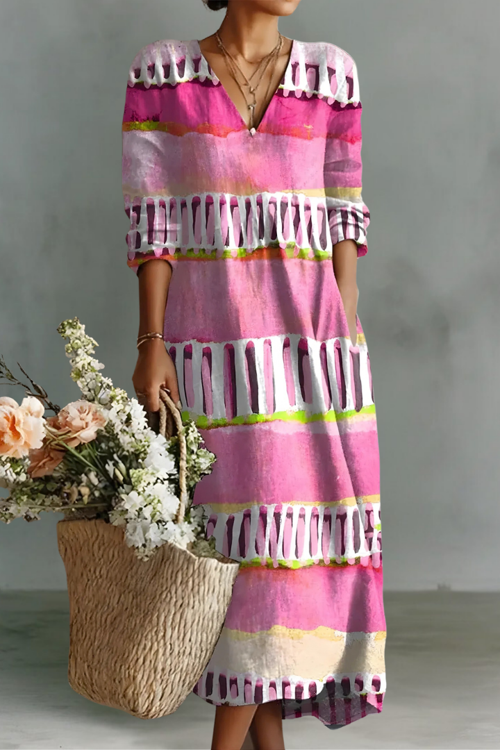 Katrina | Robe en Lin à Manches Longues et Col en V