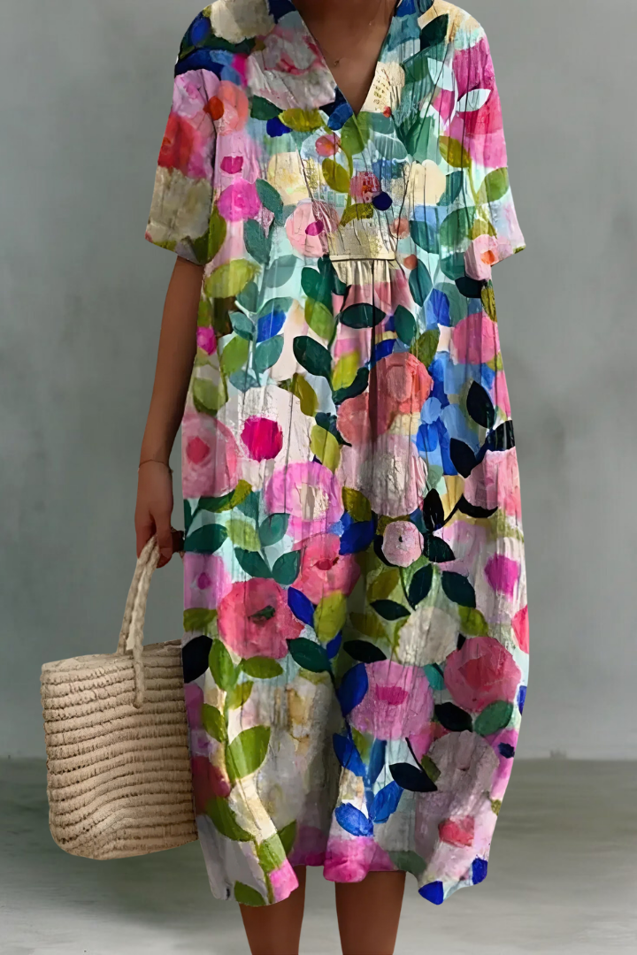 Hazel | Linen V-Neck Midi Dress