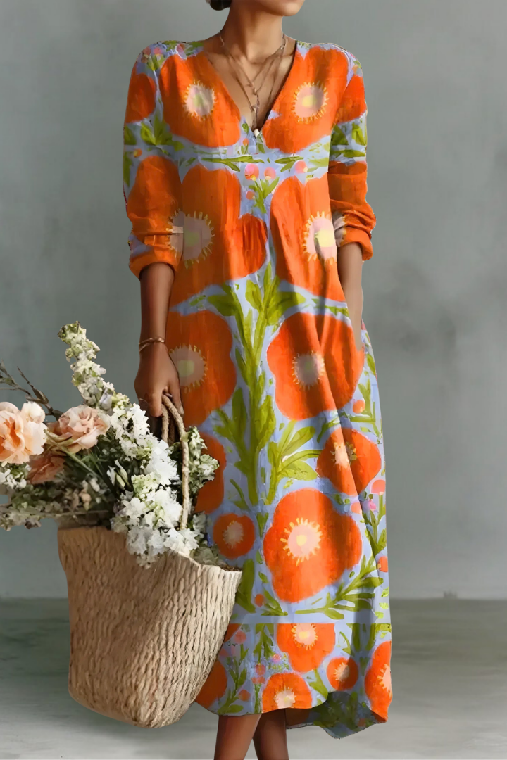 Lucy | Linen V-Neck Long Sleeve Dress