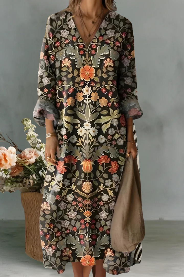 Thea | Linen V-Neck Long Sleeve Dress