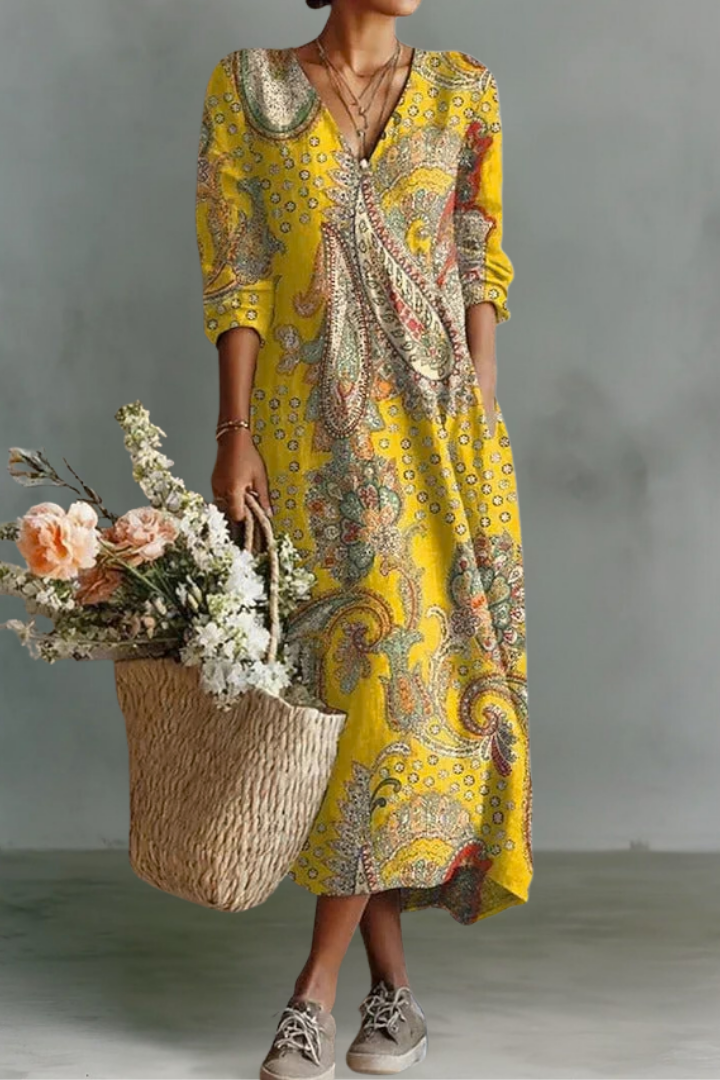 Gemma | Linen V-Neck Long Sleeve Dress