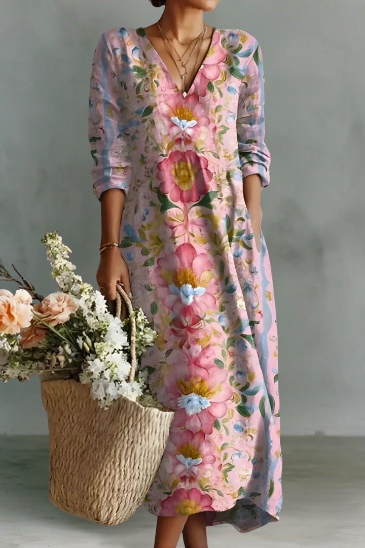Madeline | Linen V-Neck Long Sleeve Dress