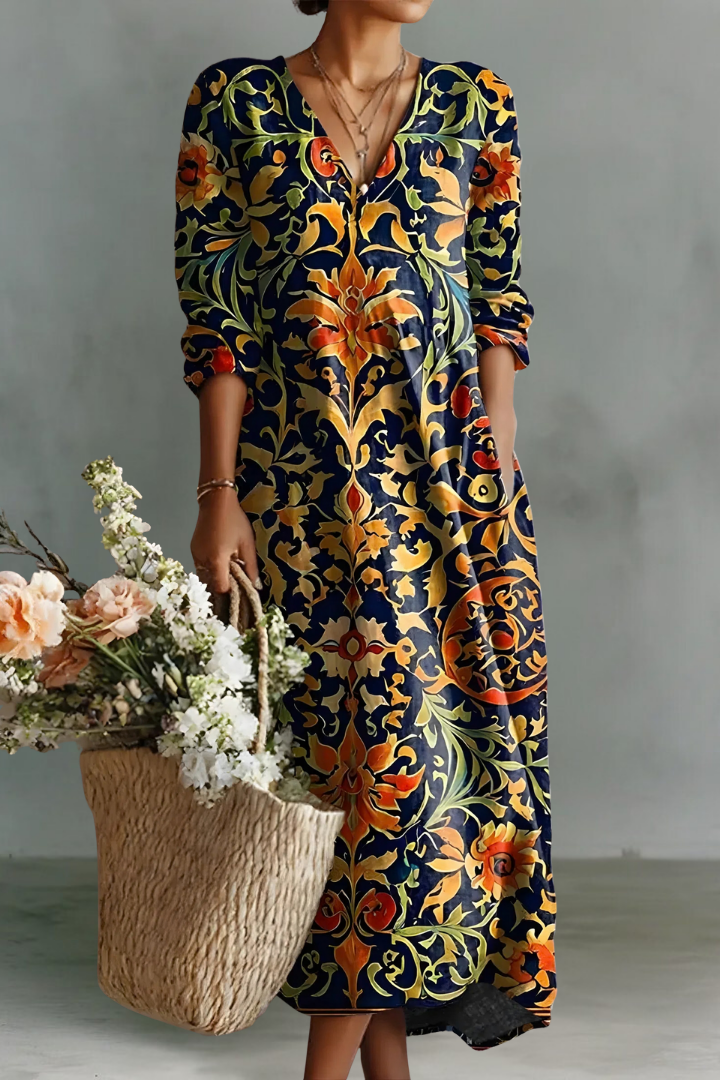 Riley | Robe Longue à Manches Longues en Lin avec Décolleté en V