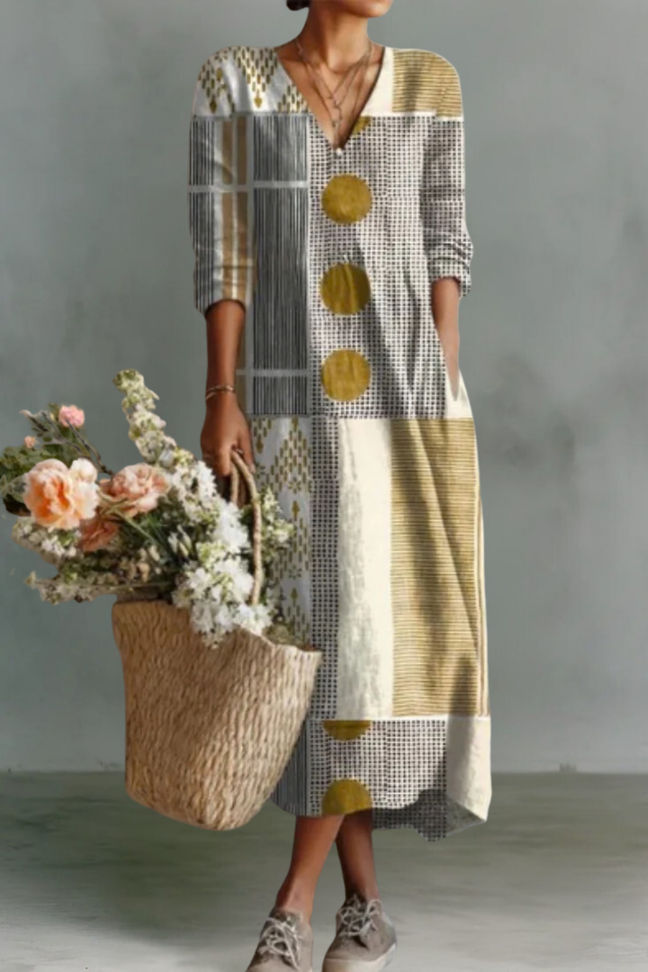 Alexandra | Linen V-Neck Long Sleeve Dress