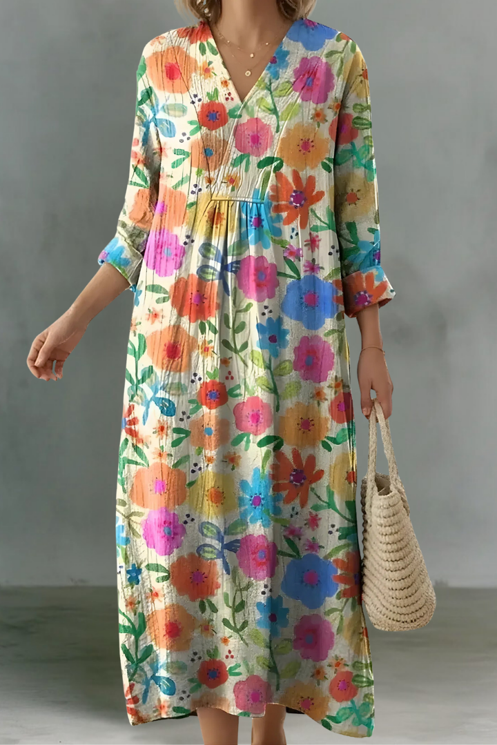 Soline | Linen V-Neck Long Sleeve Dress