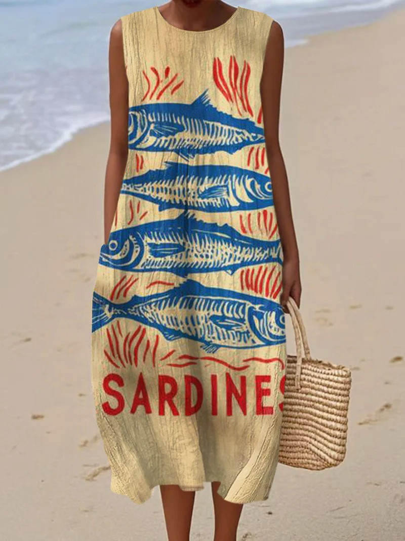 Robe sans manches à poche avec imprimé vintage de poissons pour femmes
