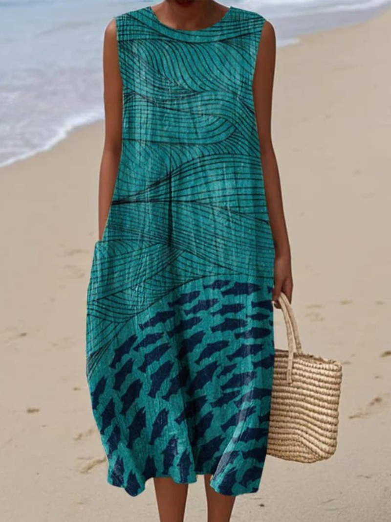 Robe sans manches à poche avec impression d'art océan et poisson pour femmes