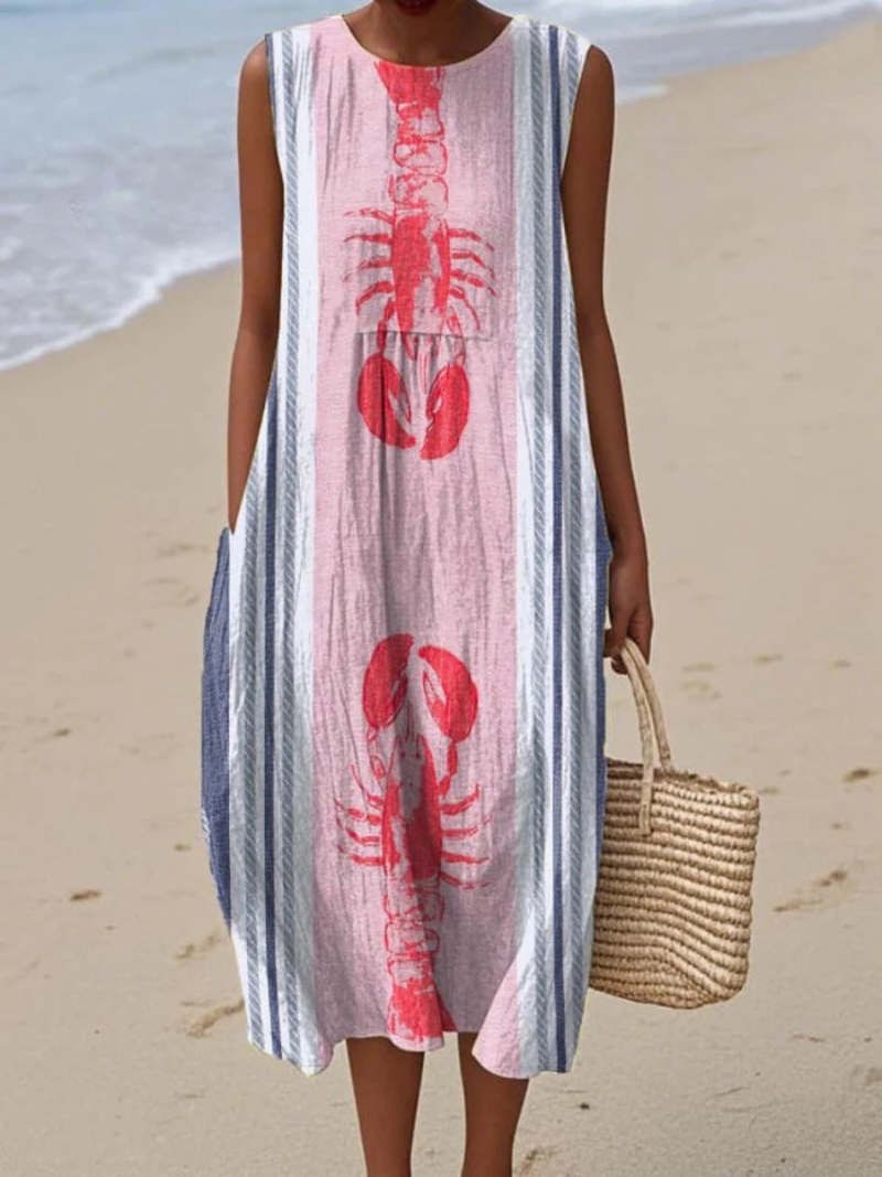 Robe sans manches à poches avec impression de homard pour femmes