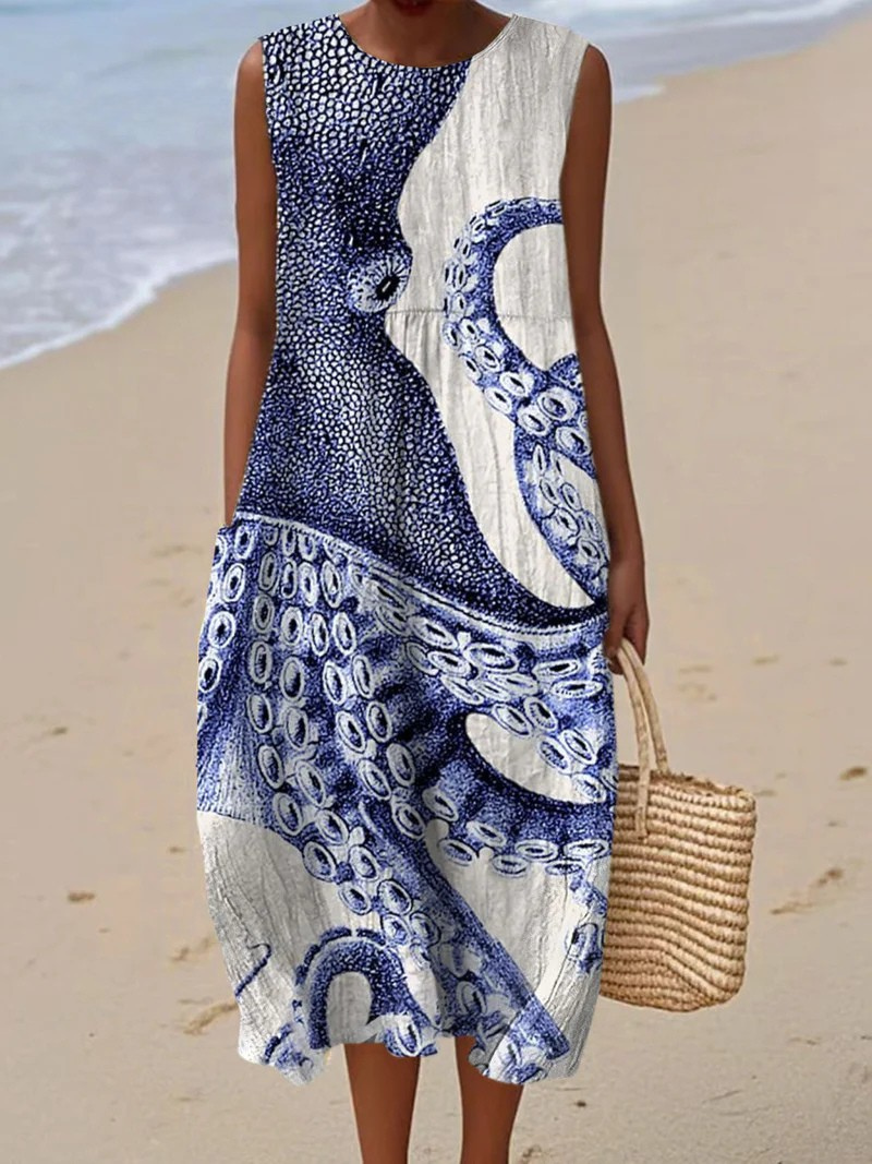Women's Vintage Octopus Art Print Sleeveless  Pocket Wrap Dress