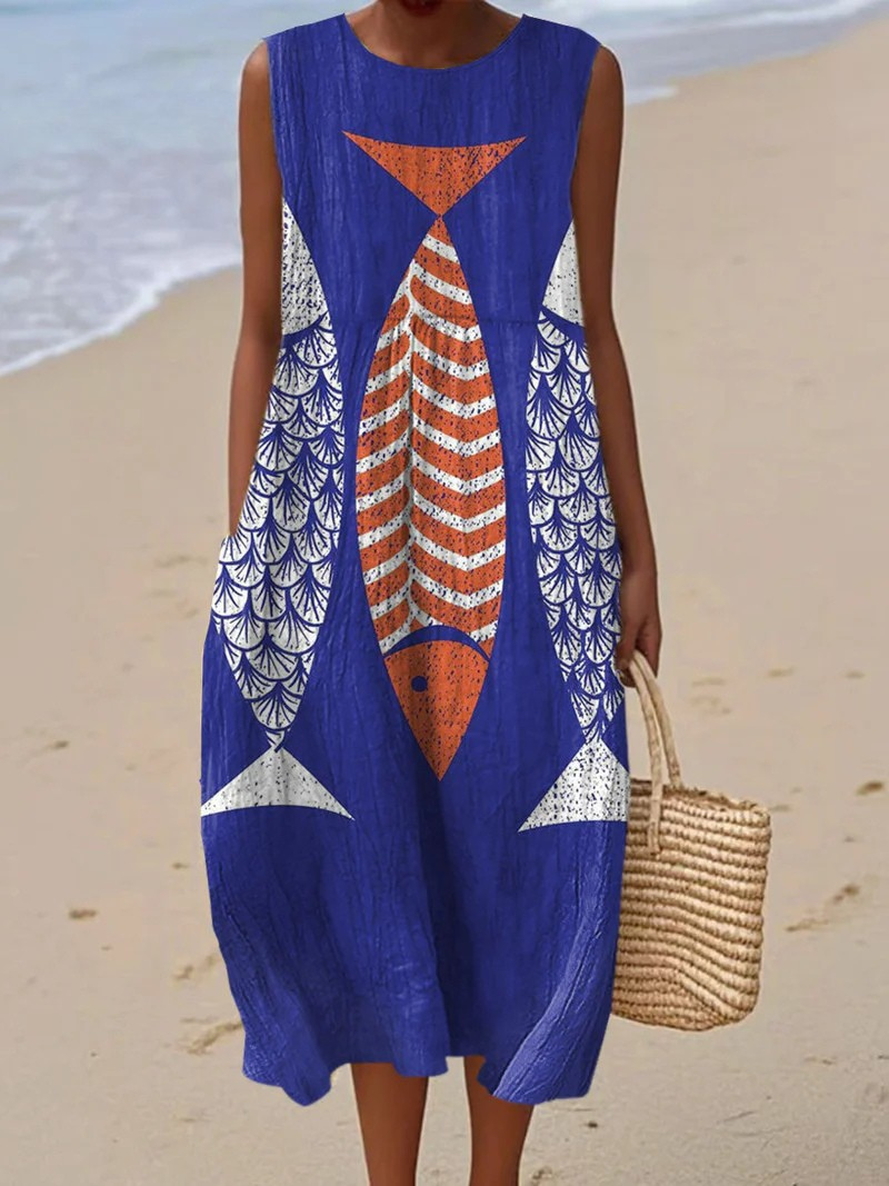 Robe sans manches à poche en wrap avec impression vintage de poissons pour femmes