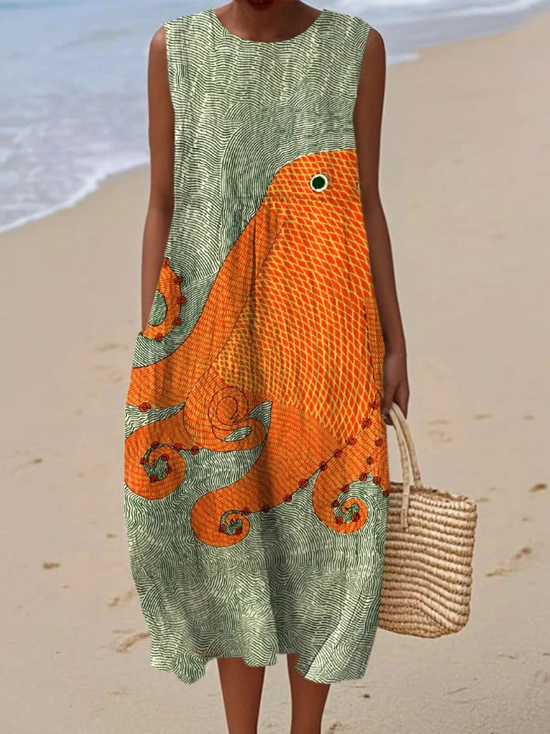 Robe sans manches à poche avec impression d'art vintage de pieuvre pour femmes