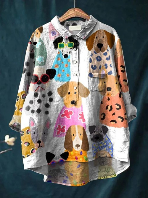 Chemise en lin décontractée avec imprimé de chiot cartoon coloré pour femmes