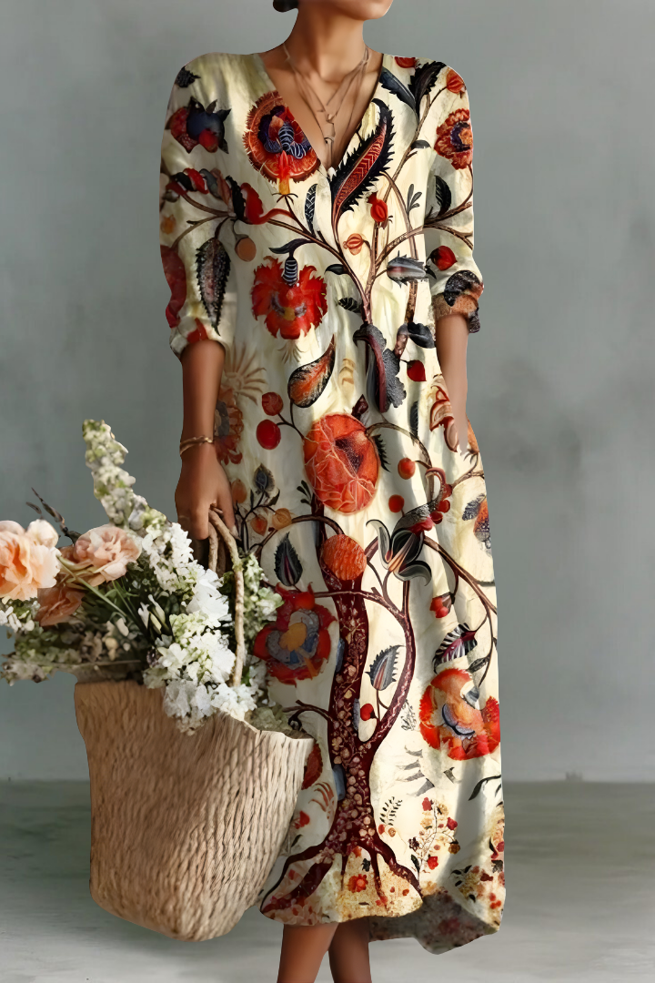 Grace | Robe Longue à Manches Longues en Lin à Col en V