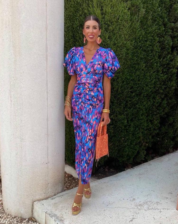 Loren - Robe Midi Vibrante avec Manches Bouffantes