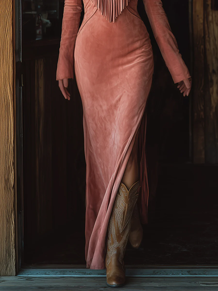 Robe Maxi en Suédine Rose Vintage Western avec Franges Brodées