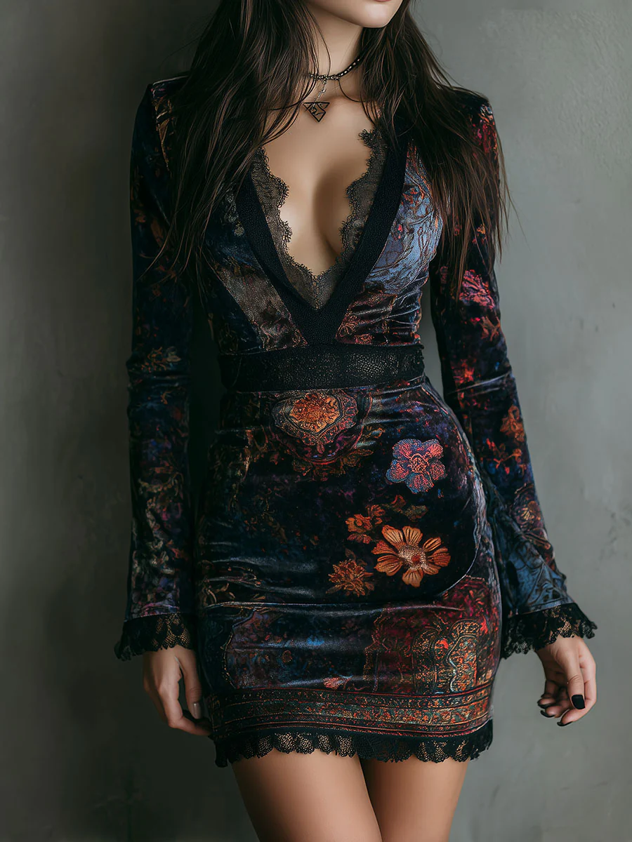 Robe Mini Slim-Fit en Velours avec Imprimé Floral et Dentelle au Col V