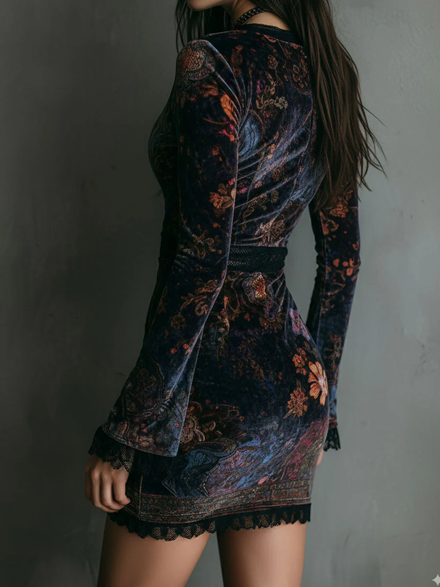 Robe Mini Slim-Fit en Velours avec Imprimé Floral et Dentelle au Col V