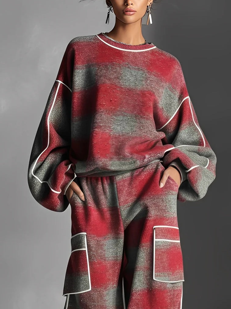Sweat-shirt et Pantalon Décontracté à Motif Carreaux Rouge et Gris - Ensemble Deux Pièces