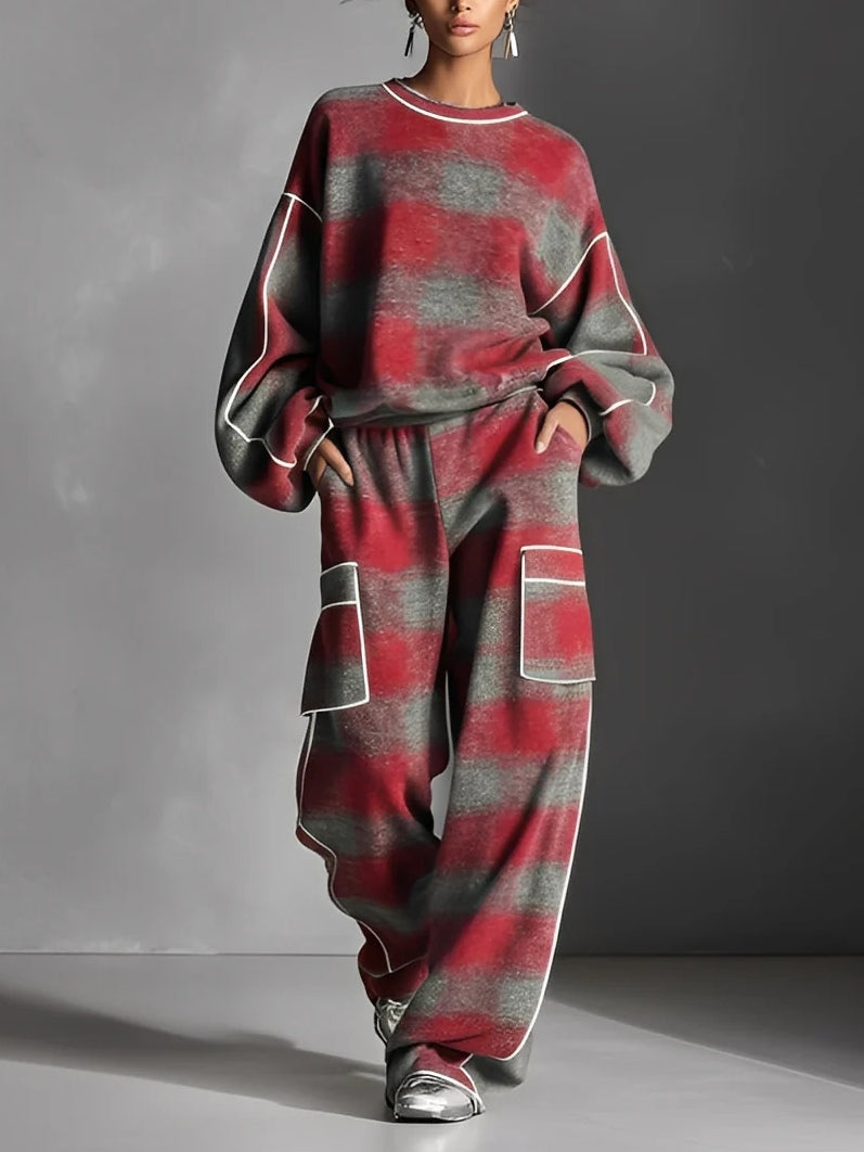 Red and Gray Checked Color-Blocked Sweatshirt and Casual Pants Two-Piece Set